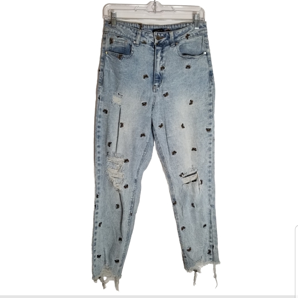 Material Girl Jeans Women's 28 Waist Blue Denim Distressed Butterfly Stretch